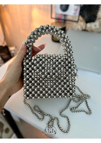 Molie Shine Gümüş Inci El Yapımı Modern/şık Gece/günlük Küçük Boy Akrilik Inci Boncuk Çanta Model fiyatları