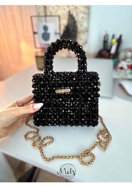 Molie Black Parlak El Yapımı Modern/şık Gece/günlük Orta Boy Akrilik Siyah Boncuk Çanta Model