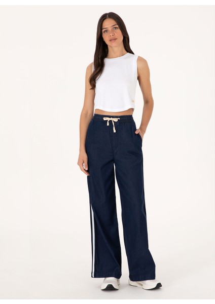 Bağlamalı Bel Geniş Paça Loose Fit Indigo Kadın Denim Pantolon Elo