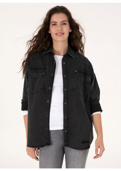 Oversized Gömlek Yaka Siyah Kadın Denim Gömlek Espera
