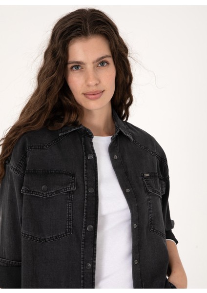 Oversized Gömlek Yaka Siyah Kadın Denim Gömlek Espera fiyatları