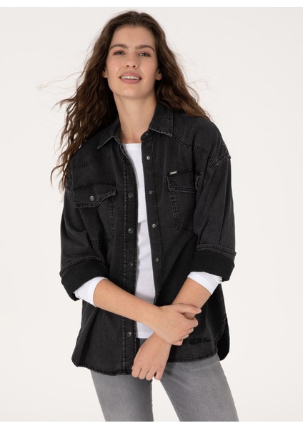 Oversized Gömlek Yaka Siyah Kadın Denim Gömlek Espera modelleri