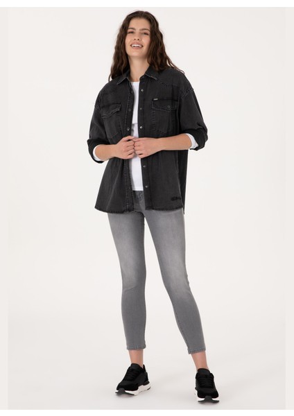 Oversized Gömlek Yaka Siyah Kadın Denim Gömlek Espera fırsatları