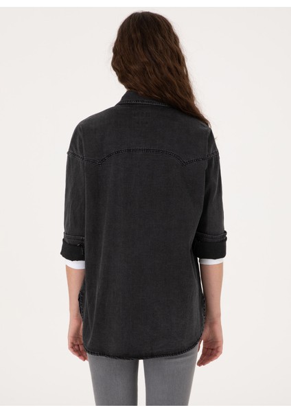 Oversized Gömlek Yaka Siyah Kadın Denim Gömlek Espera indirimleri