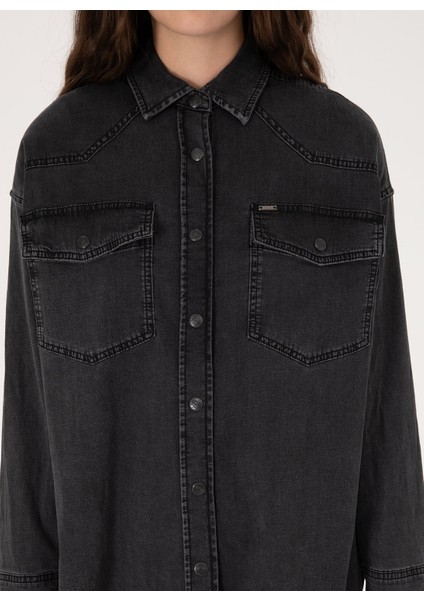 Oversized Gömlek Yaka Siyah Kadın Denim Gömlek Espera