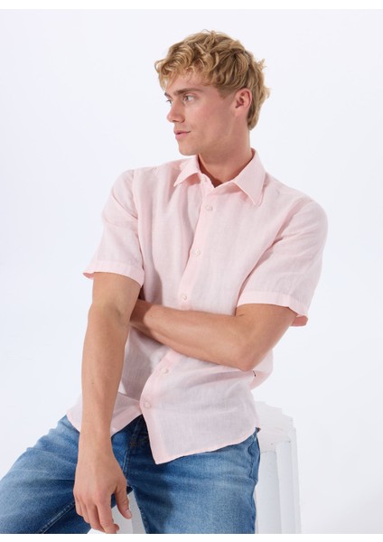 Regular Fit Gömlek Yaka Açık Pembe Erkek Gömlek Rash