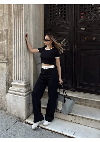 Crop Pantolon Biyeli Takım Siyah