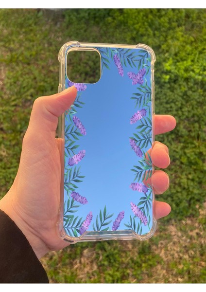 Iphone 11 Pro Max Uyumlu Aynalı Lavanta Desenli Darbe Kamera Korumalı Silikon Telefon Kılıfı
