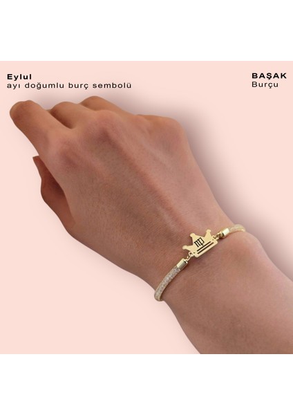 Eylül Ayı Doğumları Için Hasır Kordonlu Taç Figürlü 14 Ayar Altın Plakalı Hediye Bileklik-464 Ay
