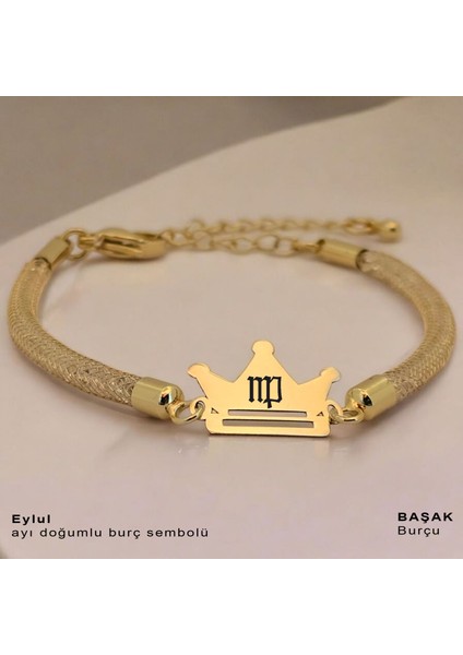 Eylül Ayı Doğumları Için Hasır Kordonlu Taç Figürlü 14 Ayar Altın Plakalı Hediye Bileklik-464 Ay fiyatları