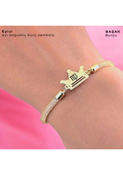 Eylül Ayı Doğumları Için Hasır Kordonlu Taç Figürlü 14 Ayar Altın Plakalı Hediye Bileklik-464 Ay fırsatları