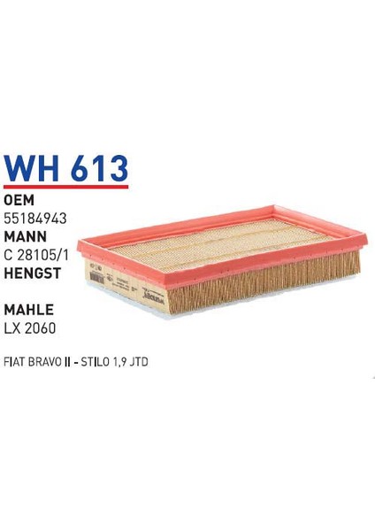 Wh613 Oem 55184943 Fiat bravo II stılo 1,9 jtd Otomobil hava filtre air filter