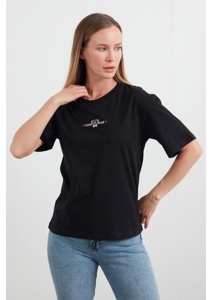 Teddy Bear Yazı Nakışlı Bisiklet Yaka Tişört