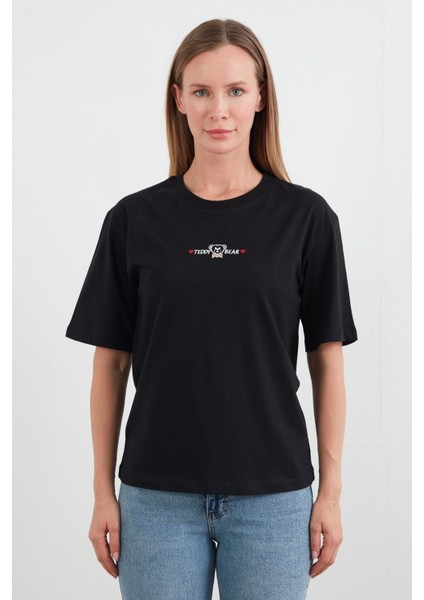 Teddy Bear Yazı Nakışlı Bisiklet Yaka Tişört