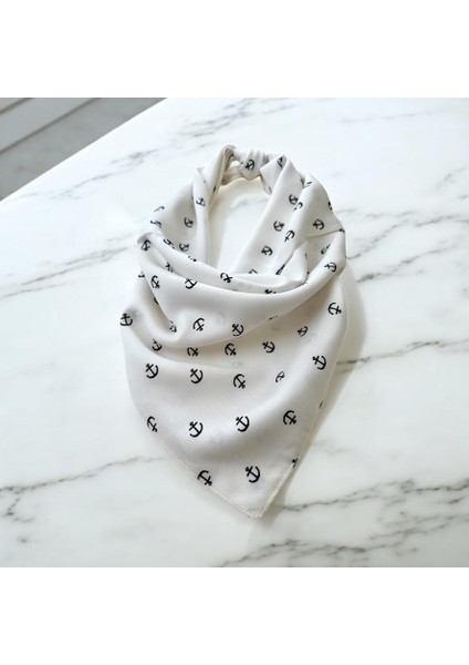 Beyaz Renk Denizci Desenli %100 Koton Bandana