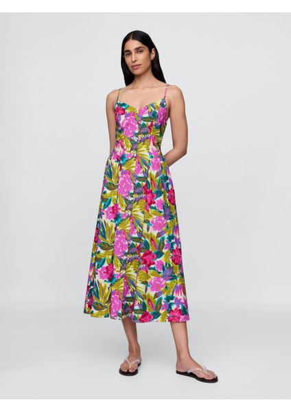 Kadın Pembe Floral V-Yaka Midi Elbise