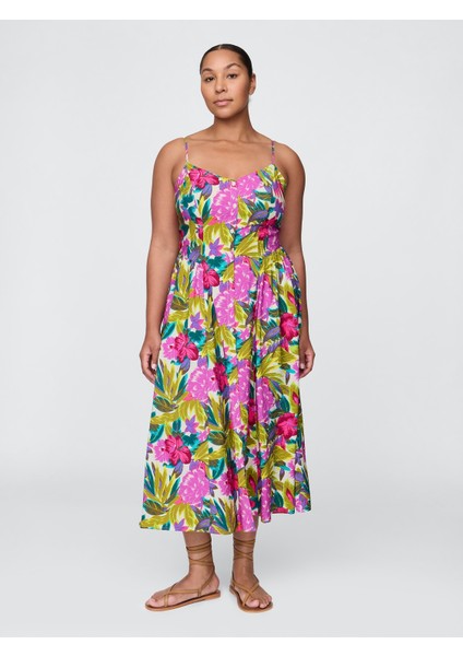 Kadın Pembe Floral V-Yaka Midi Elbise fırsatları