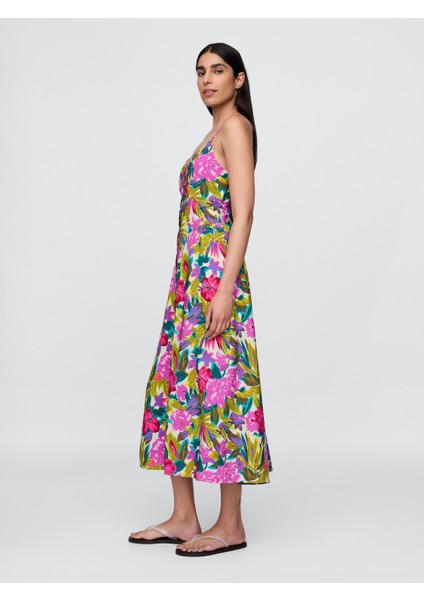 Kadın Pembe Floral V-Yaka Midi Elbise indirimleri