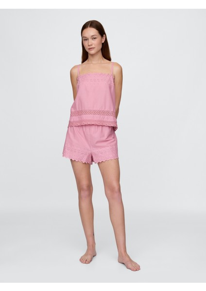 Kadın Pembe Dantel Kenar Detaylı Pijama Cami Seti