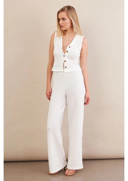 Kadın Beyaz Gofre Yelek Pantalon Takım FLU330 fırsatları