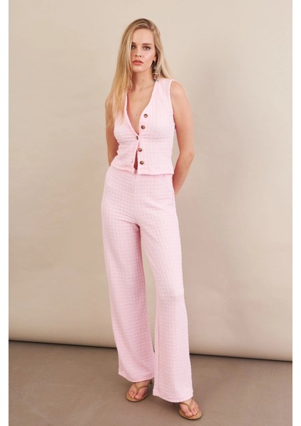 Kadın Pembe Gofre Yelek Pantalon Takım FLU330