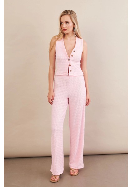 Kadın Pembe Gofre Yelek Pantalon Takım FLU330