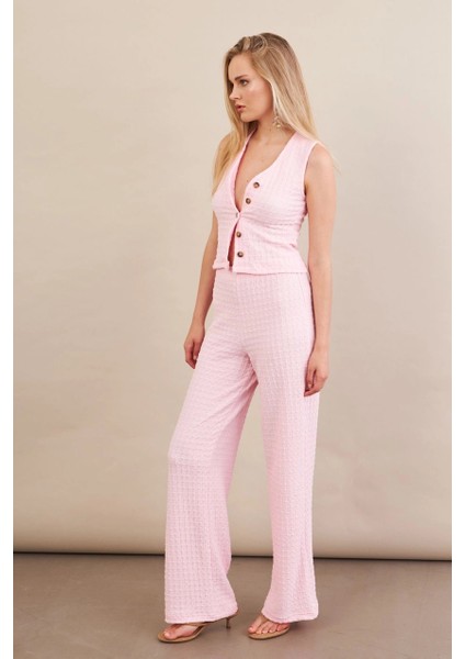 Kadın Pembe Gofre Yelek Pantalon Takım FLU330