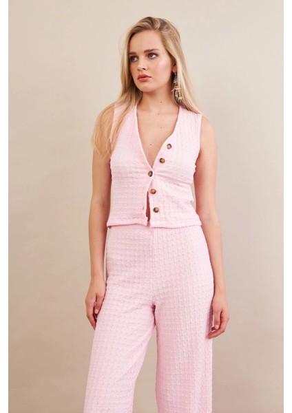 Kadın Pembe Gofre Yelek Pantalon Takım FLU330