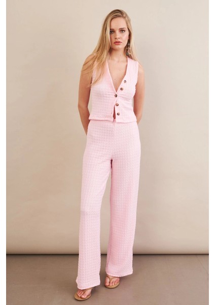 Kadın Pembe Gofre Yelek Pantalon Takım FLU330