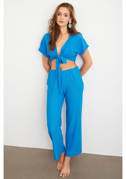 Kadın Mavi Bağlamalı Bürümcük Takım Q1012