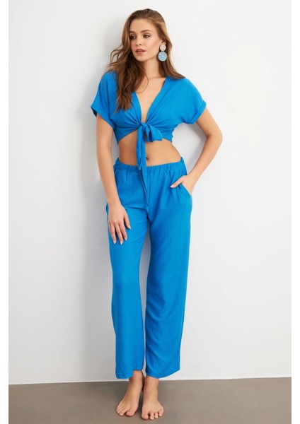 Kadın Mavi Bağlamalı Bürümcük Takım Q1012 fiyatları