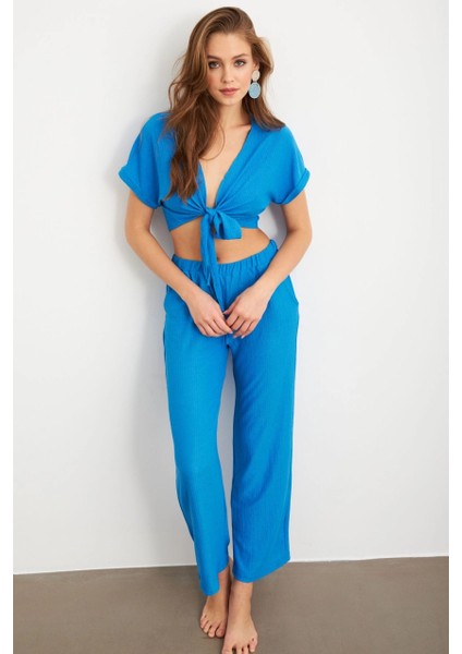 Kadın Mavi Bağlamalı Bürümcük Takım Q1012 modelleri