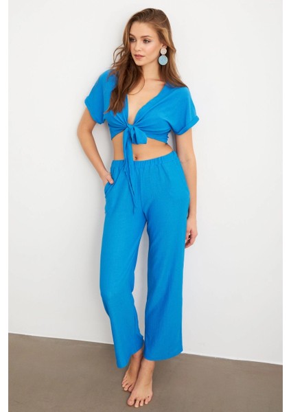 Kadın Mavi Bağlamalı Bürümcük Takım Q1012 fırsatları