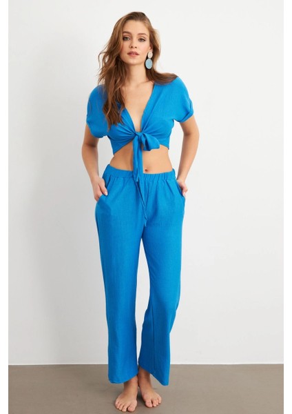 Kadın Mavi Bağlamalı Bürümcük Takım Q1012 indirimleri