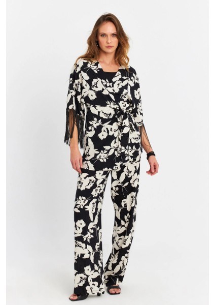 Kadın Siyah-Ekru Desenli Kimono Takım MELT1031 modelleri