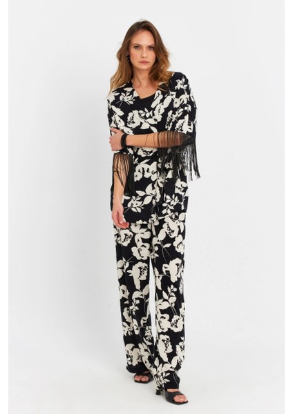 Kadın Siyah-Ekru Desenli Kimono Takım MELT1031 fırsatları