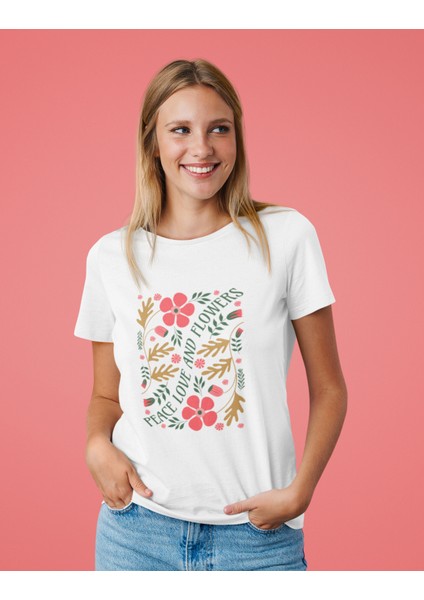 Peace Love And Flower Baskılı Standart Kalıp Bisiklet Yaka Pamuklu Kadın Tshırt fiyatları