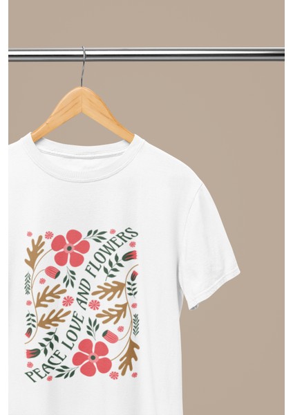 Peace Love And Flower Baskılı Standart Kalıp Bisiklet Yaka Pamuklu Kadın Tshırt modelleri