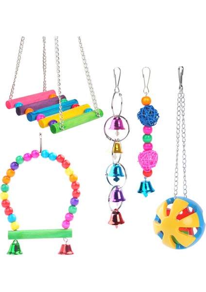 A1-5pcs Tarzı Muhabbet Kuşu Asma Kafes Kuş Kafesi Oyuncakları Güvenilir ve Yenilebilir-Sallanan Asılı Kemirilebilen Isırma Köprüsü Ahşap Boncuk Top Zil Oyuncakları (Yurt Dışından)