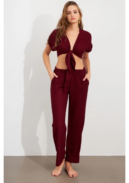 Kadın Bordo Bağlamalı Bürümcük Takım Q1012