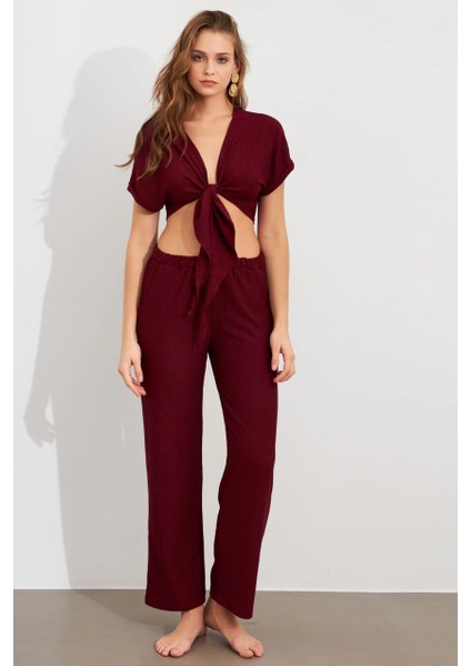 Kadın Bordo Bağlamalı Bürümcük Takım Q1012 fiyatları