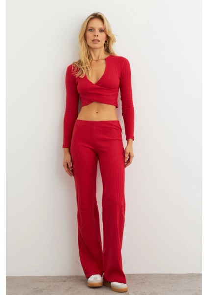Kadın Kırmızı Crop Üstlü İkili Pantolon Takım XL10052