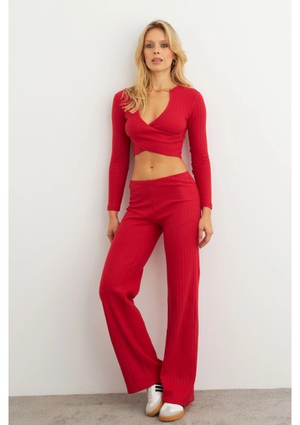 Kadın Kırmızı Crop Üstlü İkili Pantolon Takım XL10052 modelleri