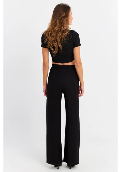 Kadın Siyah Crop Pantolon Takım RU6933 fırsatları