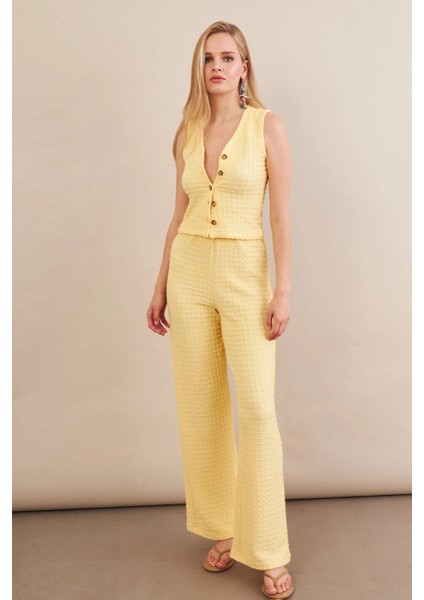 Kadın Sarı Gofre Yelek Pantalon Takım FLU330 fiyatları