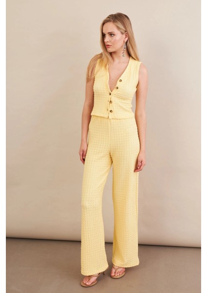 Kadın Sarı Gofre Yelek Pantalon Takım FLU330 modelleri