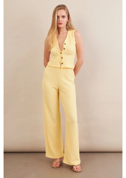 Kadın Sarı Gofre Yelek Pantalon Takım FLU330 fırsatları