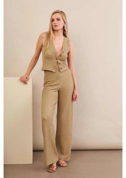 Kadın Haki Gofre Yelek Pantalon Takım FLU330