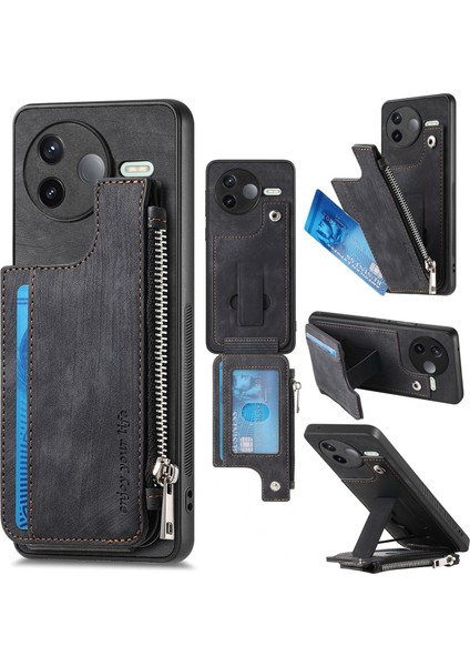 Xiaomi Poco F7 Pro 5g Fermuarlı Kart Tutucu Kickstand Deri + Pc + Tpu Telefon Kılıfı (Yurt Dışından)