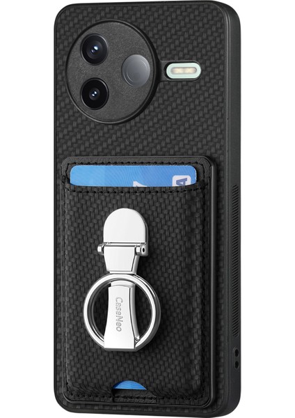 Xiaomi Poco F7 Pro 5g Karbon Fiber Doku Deri Telefon Arka Kapağı Kickstand ve Kart Yuvaları ile (Yurt Dışından)